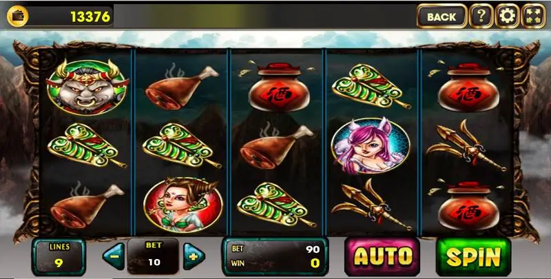 Evil King OX on AAA with the ox king, fan, wine jar and trident symbols on 5 reels, 9 lines and a bet of 10