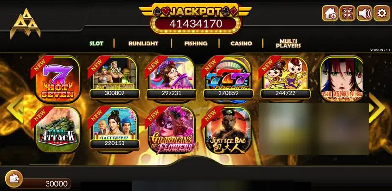 AAA lobby with a Jackpot counter at the top, tabs for Slot, Runlight, Fishing, Casino and Multi Players, and game tiles including Hot Seven, Tank Attack, Guardians of Flowers and Justice Bao