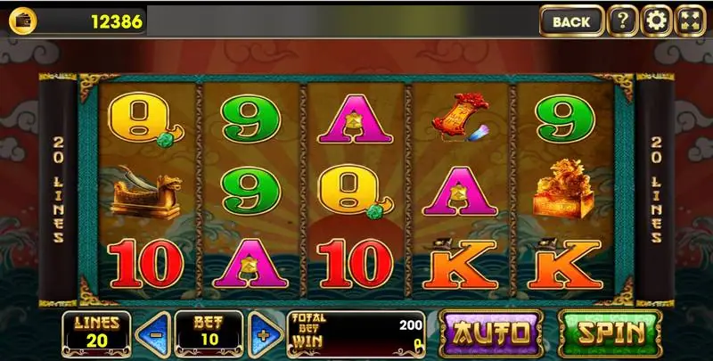 Justice Bao on AAA with golden seal, drum and card symbols on 5 reels and 20 lines marked on both sides