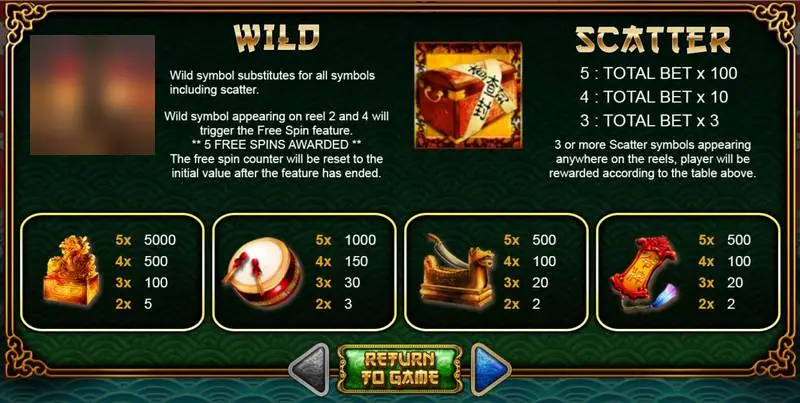 Justice Bao paytable and rules screen on AAA showing Wild and Scatter rules and symbol payouts