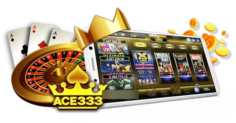 ACE333 lobby on a phone with Mega, Ultimate and Grand jackpot counters, a PVP tile and Video Slot, Classic Slot and Marvel tiles