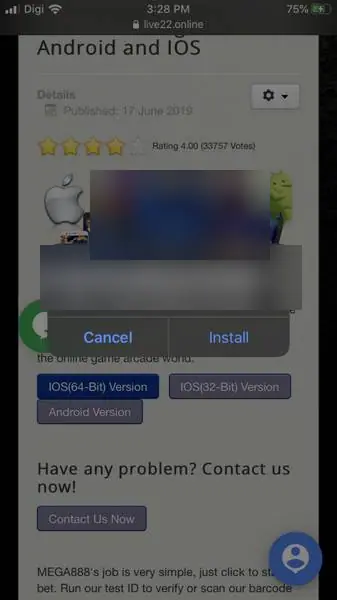 Dialog iPhone yang meminta izin memasang MEGA888 CASINO dengan tombol Cancel dan Install