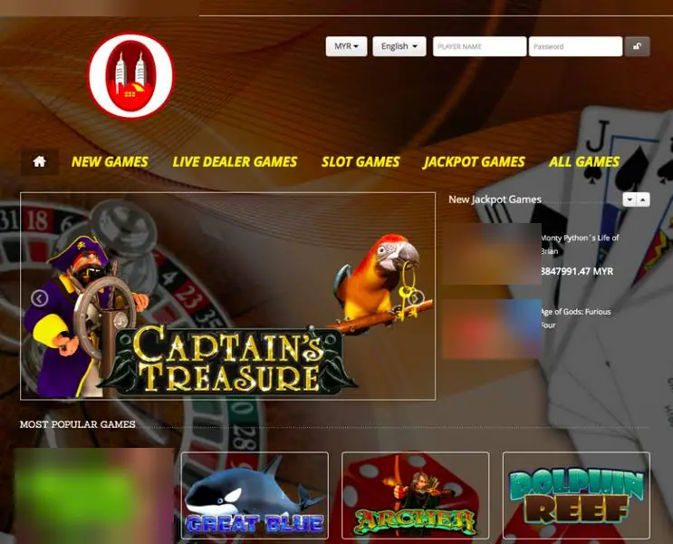 Lobi web NTC33 dengan tab kategori game, banner Captain's Treasure, kotak jackpot, dan deretan ubin slot populer