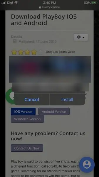 Pop-up iPhone yang meminta izin memasang Play8oy Install, dengan tombol Cancel dan Install
