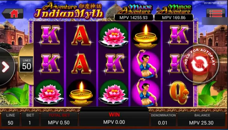Slot Adventure Indian Myth dengan 5 gulungan, simbol teratai dan pelita minyak, 50 line, serta kotak jackpot Major dan Minor Adventure