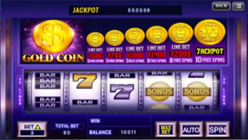 Slot Gold Coin XE88 dengan penghitung jackpot di atas, paytable koin emas dari 5 sampai 10, 30 line, dan tombol Bet, Total Bet, Max Bet, Auto, dan Spin