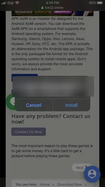 Pop-up iPhone yang meminta izin memasang XE88 Install, dengan tombol Cancel dan Install