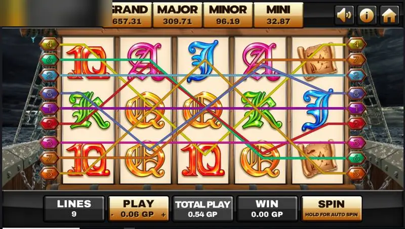 Captain's Treasure Progressive di Joker123 dengan 9 line berwarna melintasi gulungan dan kotak GRAND, MAJOR, MINOR, MINI di atas