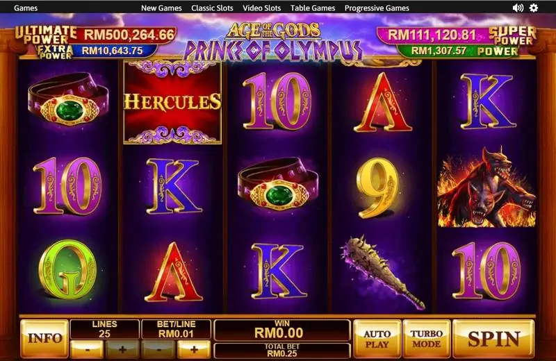 Gulungan Prince of Olympus dengan kotak merah HERCULES di gulungan 2 dan anjing berkepala dua di gulungan 5, diatur ke 25 line