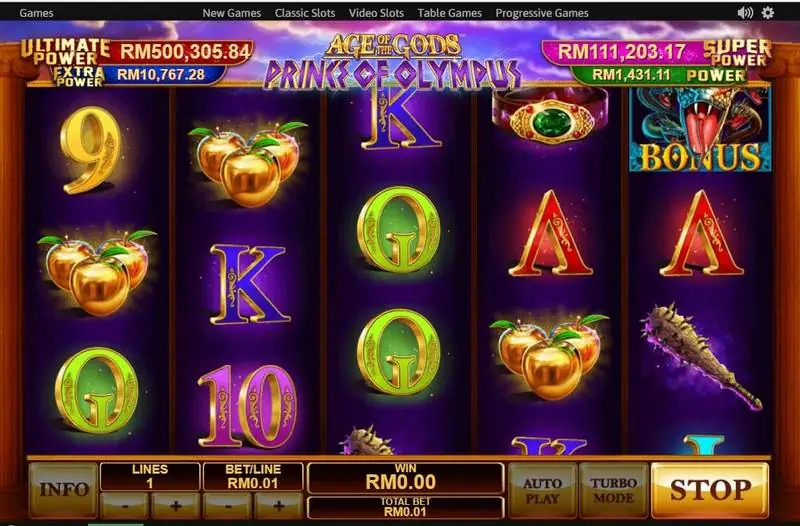 Prince of Olympus dengan simbol hydra BONUS di gulungan 5 dan apel emas di gulungan 1, 2 dan 4