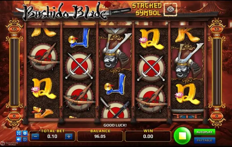 Gulungan Bushido Blade dengan lencana Stacked Symbol bergambar emblem pedang, serta pedang bersilang dan busur silang menumpuk di beberapa gulungan