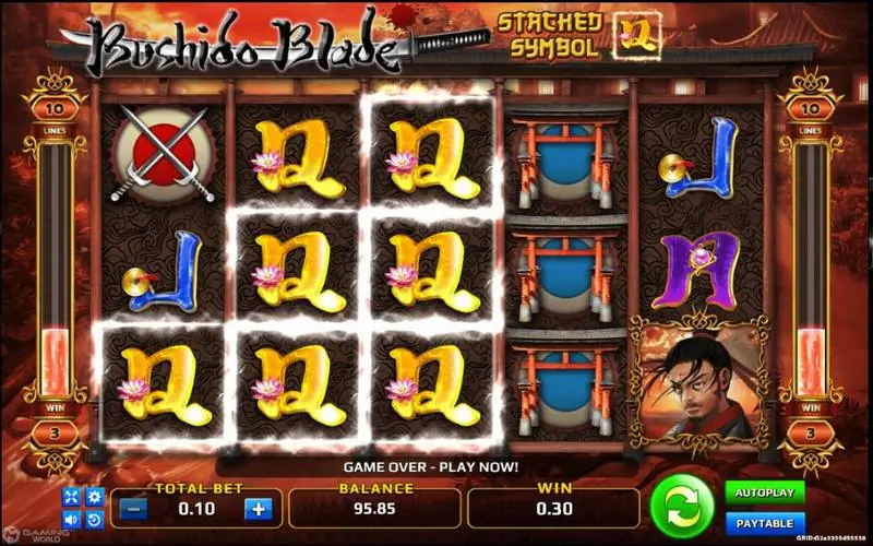 Gulungan Bushido Blade dengan blok simbol Q emas menumpuk di gulungan satu sampai tiga, gerbang torii memenuhi gulungan empat, dan lencana Stacked Symbol menunjukkan Q