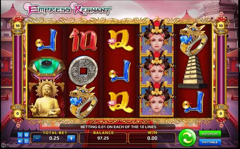 Gulungan Empress Regnant dengan wild permaisuri menumpuk memenuhi gulungan empat, Buddha emas, cincin naga, koin, pagoda, dan simbol huruf, dengan penanda 10 line