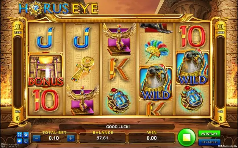 Gulungan Horus Eye berlatar hieroglif dengan dua wild elang Horus, simbol BONUS kuil, ankh emas, dewi bersayap, dan kumbang skarab, dengan penanda 10 line