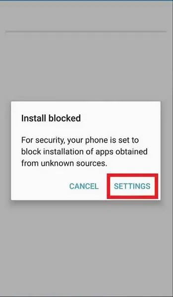 Android Install blocked dialog saying the phone blocks apps from unknown sources, with Cancel and Settings buttons