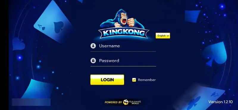 King Kong Casino login screen with the gorilla logo, Username and Password fields, a yellow Login button, an English language selector, Powered by Gaming World and Version 1.2.10