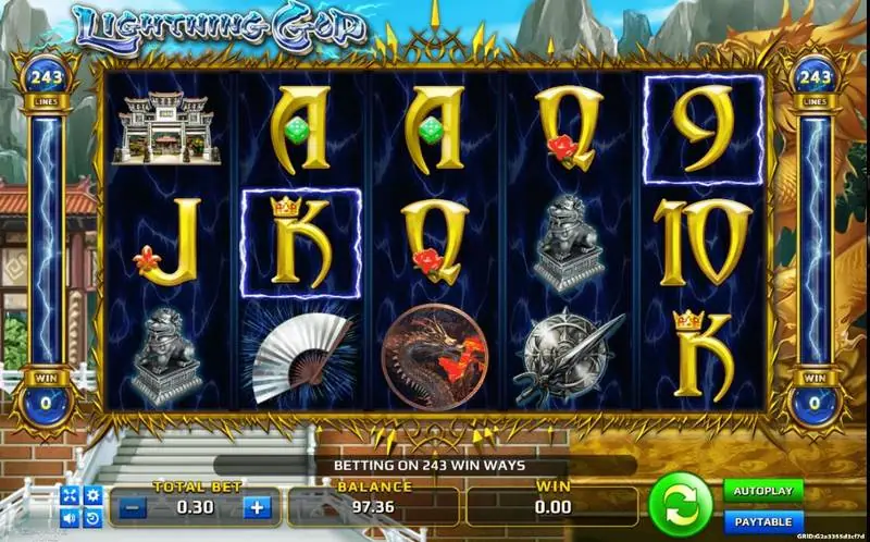 Gulungan Lightning God dengan gerbang kuil, singa batu, kipas perak, medali naga, dan simbol pedang dan perisai, tabung petir bertuliskan 243 dan pesan Betting on 243 win ways