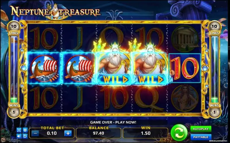 Gulungan Neptune Treasure dengan dua kapal galai dan dua simbol wild Neptunus menyala di baris tengah untuk kemenangan 1.50