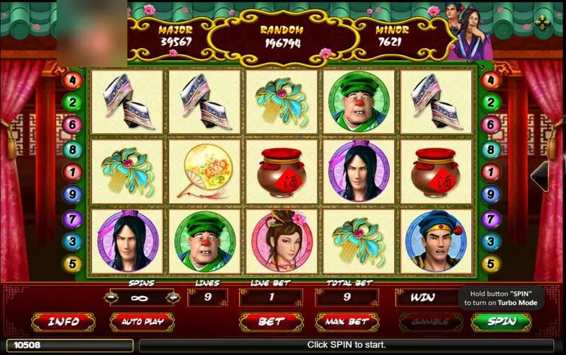 Gulungan Pan Jin Lian dengan potret tokoh, sepatu bersulam, tusuk konde, kipas dan guci arak, penghitung jackpot Major, Random dan Minor di atas serta panel taruhan 9 line di bawah