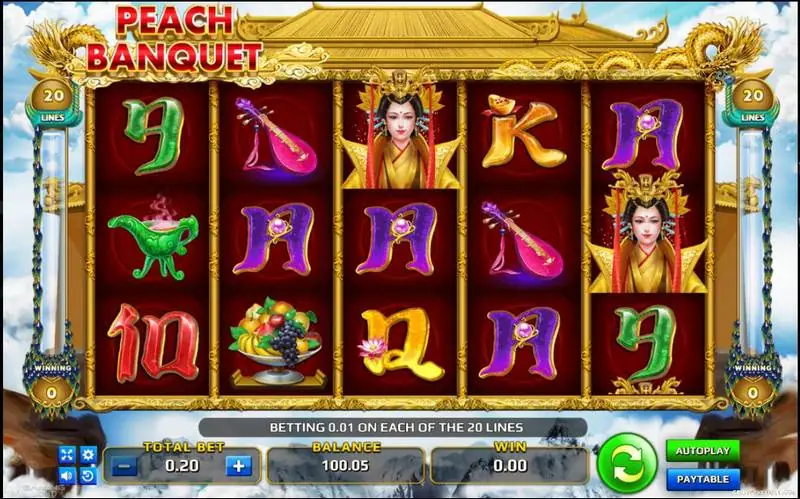Gulungan Peach Banquet di bawah atap istana emas dengan dua simbol permaisuri, pipa pink, cawan giok, mangkuk buah dan simbol huruf, serta tulisan Betting 0.01 on each of the 20 lines