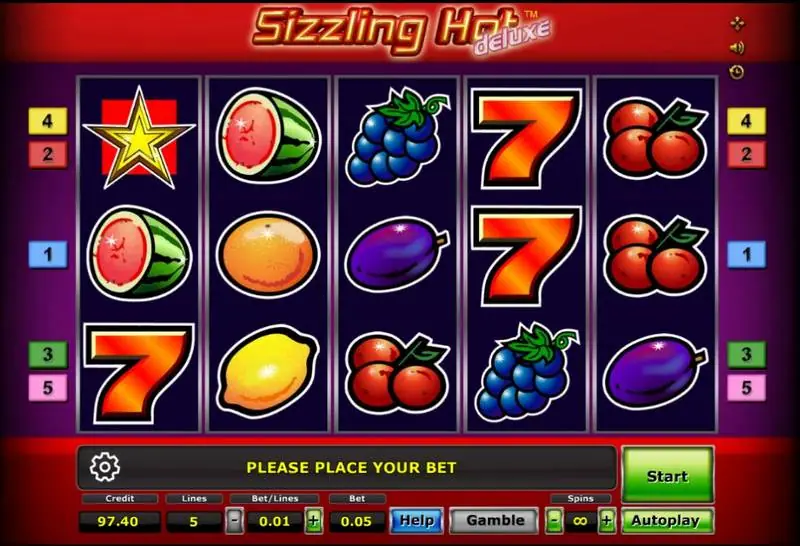 Gulungan Sizzling Hot Deluxe dengan bintang, semangka, jeruk, anggur, plum, ceri dan angka 7 merah, penanda line 1 sampai 5 di tiap sisi dan tulisan Please Place Your Bet di bar pesan