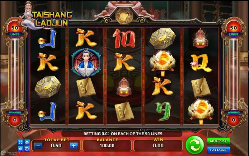 Gulungan Tai Shang Lao Jun dengan simbol kitab Tao Te Ching, murid dan bagua pada total taruhan 0.50