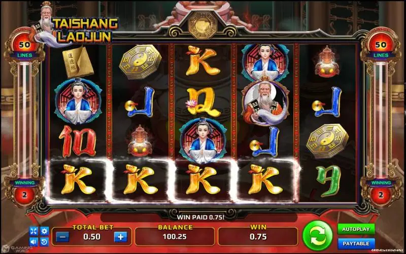 Slot Taishang Laojun di grid 5x4 dengan empat simbol K emas disorot di baris paling bawah dan tulisan Win Paid 0.75 di bar pesan