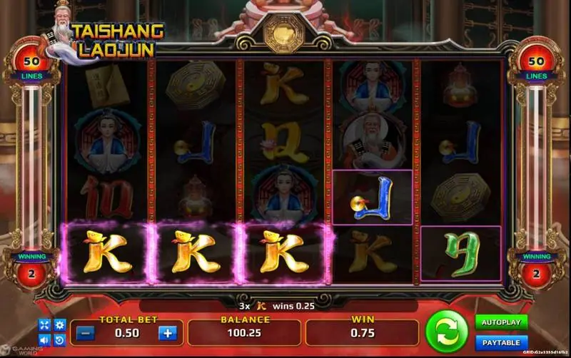 Rincian kemenangan line dengan tiga simbol K bergaris tepi dan teks 3x K wins 0.25