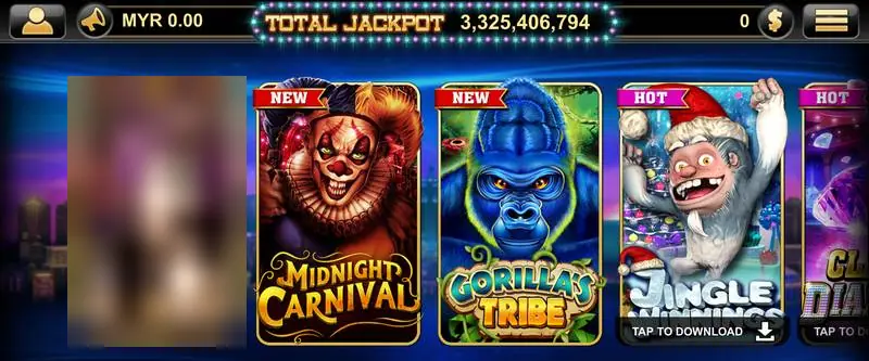 Live22 lobby screen with a MYR balance bar, a total jackpot counter and game tiles for Midnight Carnival, Gorilla's Tribe and Jingle Winnings