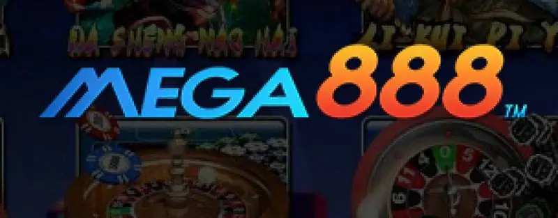 Mega888 logo in blue and orange over faded game tiles and a roulette wheel