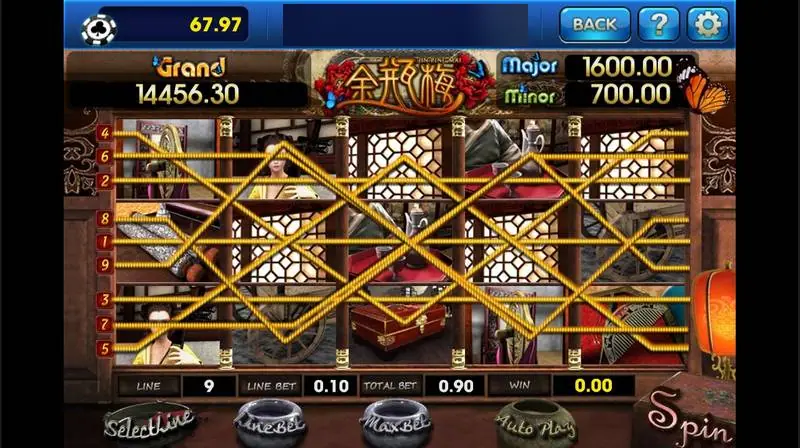 Slot Jin Ping Mei di 3Win8 dengan 9 payline tergambar di 5 reel, nilai jackpot Grand, Major, dan Minor di atas, serta kotak Line, Line Bet, dan Total Bet di bawah