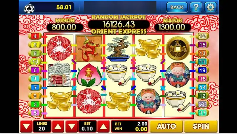 Orient Express di 3Win8 dengan batangan emas, medali koi, pohon bonsai, mangkuk sup manis, dan boneka keberuntungan di reel, 20 payline, dan tiga kotak jackpot