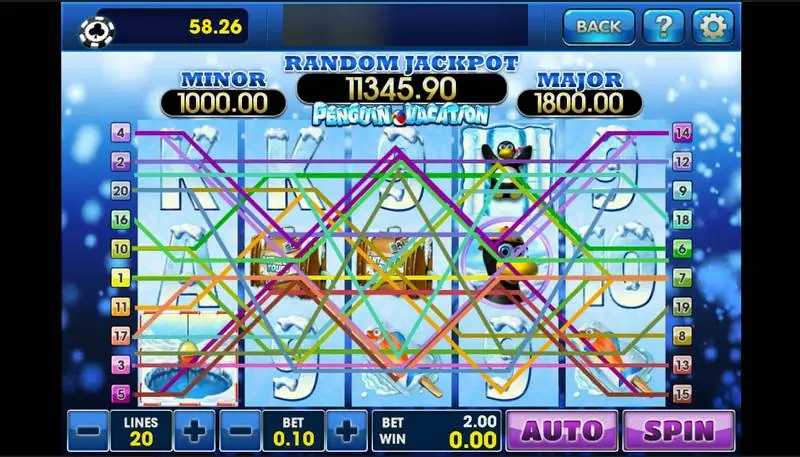 Penguin Vacation di 3Win8 dengan 20 payline tergambar di reel es dan taruhan 2.00