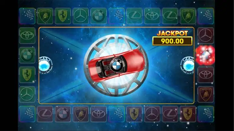 Racing Cars di 3Win8 dengan mobil merah berputar dalam bola di tengah papan logo mobil dan kotak Jackpot 900
