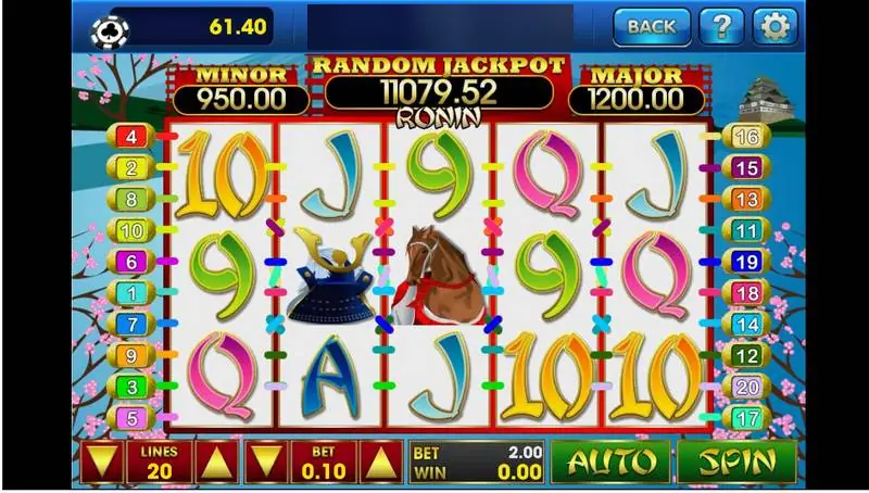Ronin slot on 3Win8 with a samurai helmet, a war horse and card symbols on the reels, cherry blossom on the sides and Minor, Random Jackpot and Major boxes above