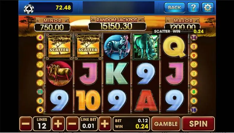Safari Heat di 3Win8 dengan dua scatter senja akasia, zebra, badak, dan wildebeest di reel, kemenangan scatter 0.24, dan tombol Gamble