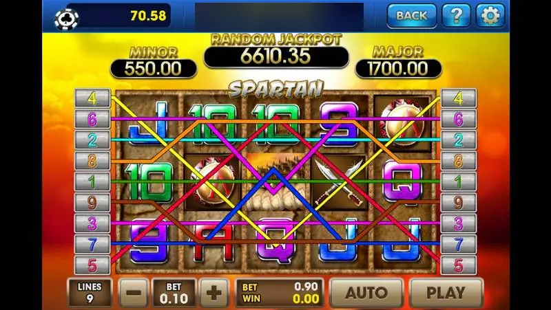 Slot Spartan di 3Win8 dengan 9 payline tergambar di atas perisai, pedang bersilang, dan simbol kartu berwarna, serta kotak Minor, Random Jackpot, dan Major