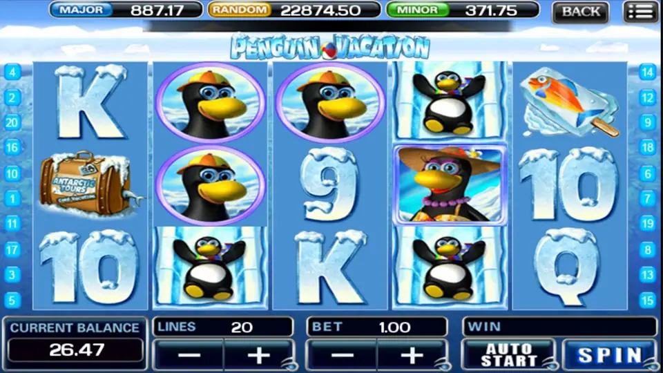 Penguin Vacation di ACE333 dengan penguin bertopi dan penguin meluncur di gulungan, 20 line dan taruhan 1.00