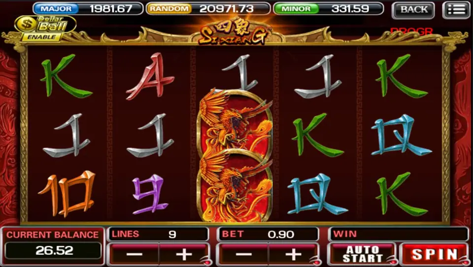 Si Xiang di ACE333 dengan 9 line dan taruhan 0.90, dua simbol phoenix menumpuk di gulungan 3
