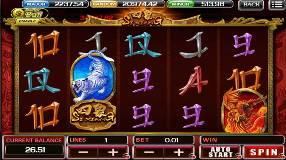 Gulungan Si Xiang di ACE333 dengan macan putih, ubin logo Si Xiang, dan phoenix di gulungan 5