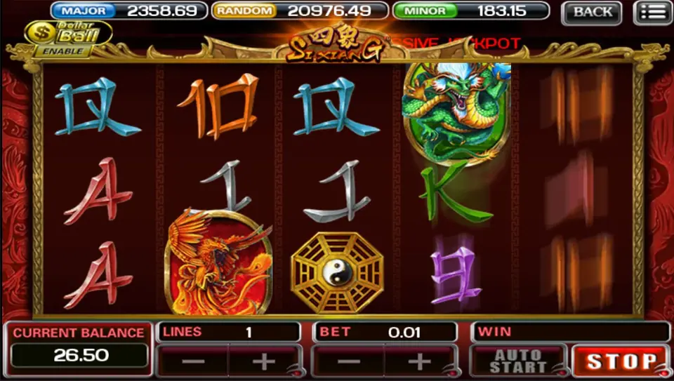 Si Xiang di ACE333 dengan naga hijau, phoenix, dan simbol yin-yang bagua di gulungan, tombol Dollar Ball di kiri atas