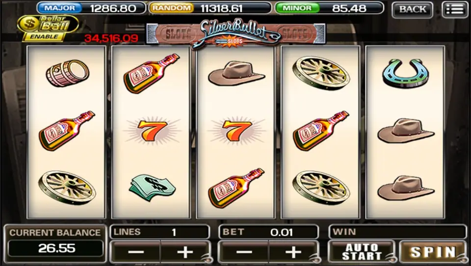 Silver Bullet di ACE333 dengan botol wiski, angka 7, topi koboi, dan tapal kuda di gulungan krem