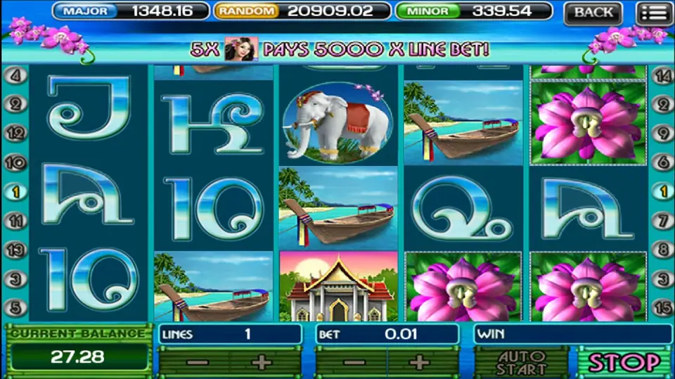 Thai Paradise di ACE333 dengan anggrek, perahu ekor panjang, dan gajah putih, spanduk bertuliskan 5X pays 5000 X line bet