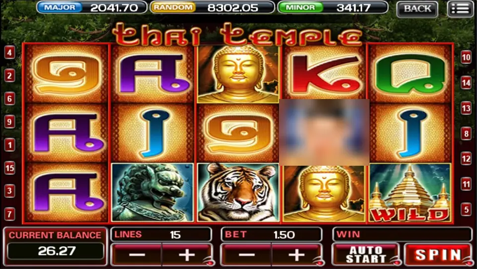 Thai Temple di ACE333 dengan 15 line dan taruhan 1.50, berisi kepala Buddha, harimau, patung singa penjaga, dan wild stupa