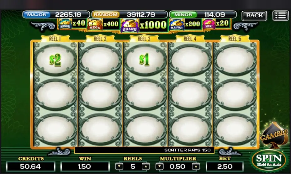 The Green Machine Deluxe dengan $2 di gulungan 1 dan $1 di gulungan 3, pengali 0.50, Scatter Pays 1.50