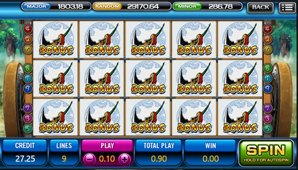Three Kingdom di ACE333 dengan kelima belas posisi berisi bilah Bonus, Total Play 0.90