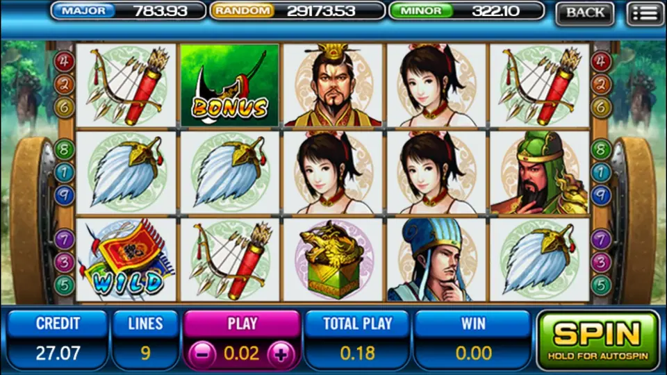 Three Kingdom di ACE333 dengan dua jenderal, seorang wanita, ahli strategi, stempel emas, panji Wild, dan bilah Bonus di gulungan
