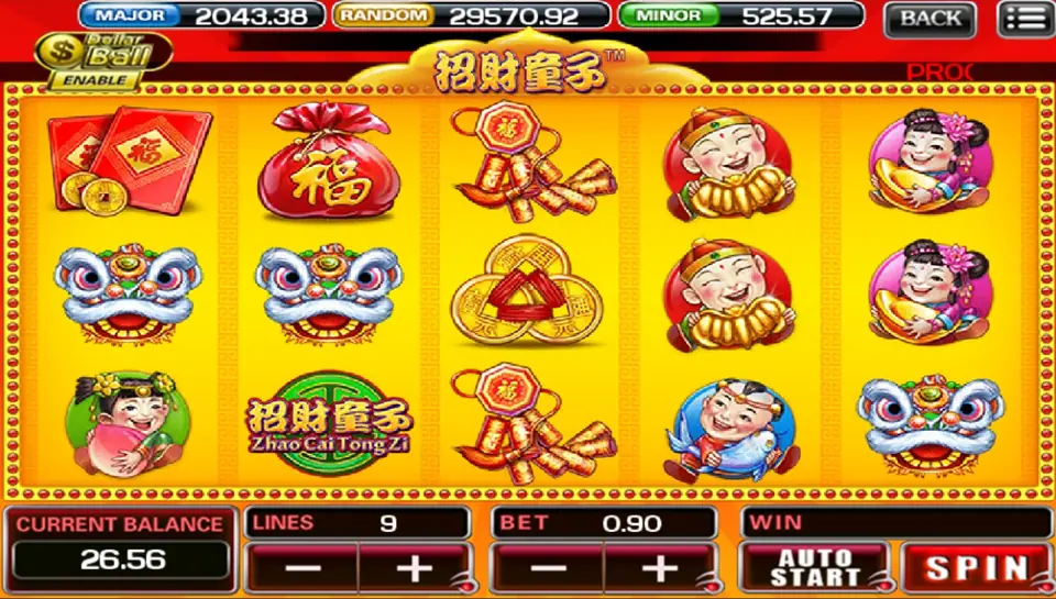 Zhao Cai Tong Zi di ACE333 dengan 9 line dan taruhan 0.90, berisi anak-anak pembawa rezeki, kepala barongsai, angpao, dan logo game