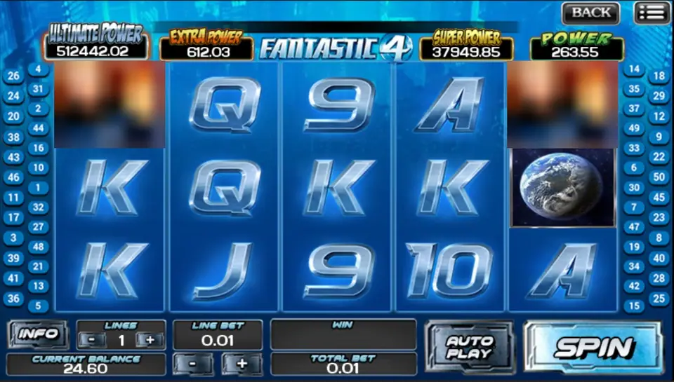 Slot Fantastic 4 di ACE333 dengan huruf kartu biru, simbol Bumi di gulungan 5, dan empat kotak jackpot Power di atas gulungan