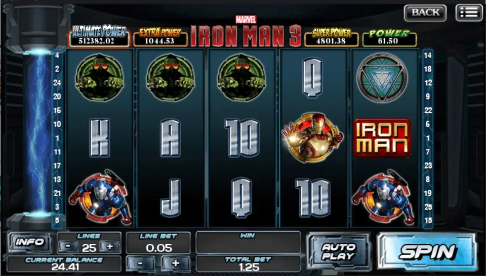 Iron Man 3 slot on ACE333 at 25 lines, 0.05 line bet and 1.25 total bet, with Extremis soldiers on reels 1 to 3